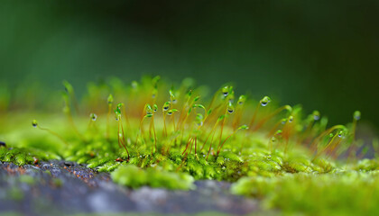 Fototapeta premium Closeup green moss and tiny plants on the ground in a spring forest