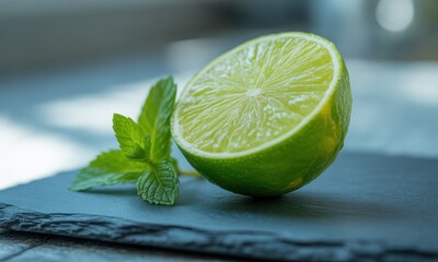 Lime slice and mint on dark slate