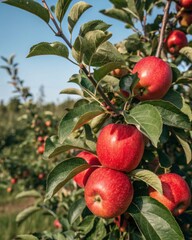 Obraz premium Harvesting bright red apples on a tree in a lush green orchard a visual journey into nature's bounty
