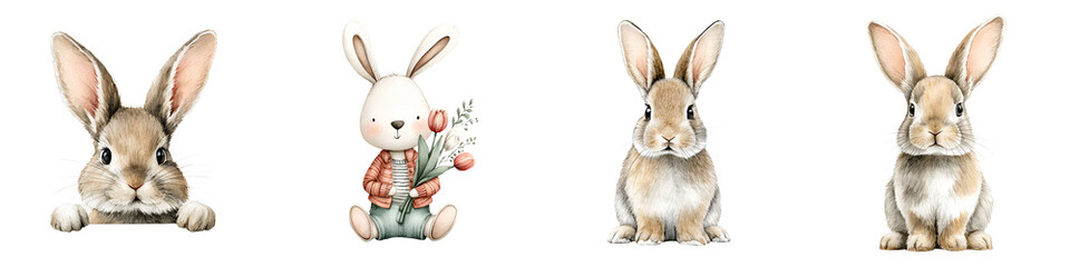 Obraz premium Watercolor Illustration Set of Cute Easter Bunnies on White