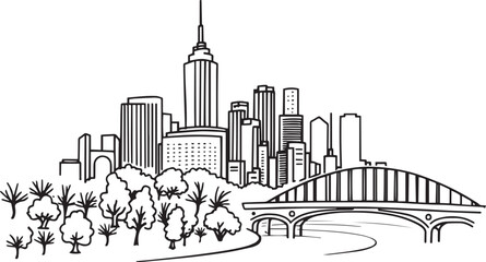 Obraz premium City landscape. Line urban backdrop. Different buildings on street, doodle street draw, outline cityscape hand sketch, flat houses. Hand drawn vector illustration