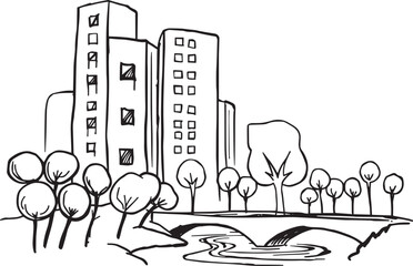 Obraz premium City landscape. Line urban backdrop. Different buildings on street, doodle street draw, outline cityscape hand sketch, flat houses. Hand drawn vector illustration