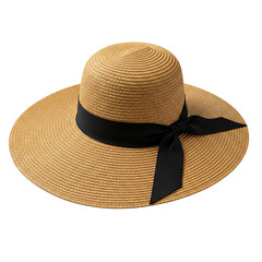 Straw wide-brimmed hat with black ribbon isolated transparent background Generative Ai