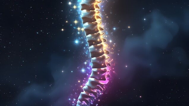 Luminous Spinal Column: Mystical 3D Render of a Glowing Vertebrae Against a Starry Night Sky, Representing Health, Wellness, and Cosmic Energy.