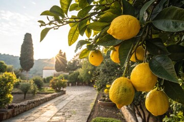 Harvesting bright yellow lemons from a lush citrus tree in a sunlit orchard showcasing vibrant glossy skin and nature's bounty