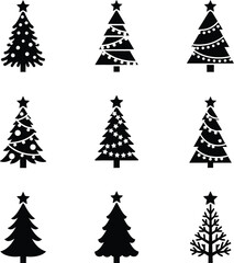 Fototapeta premium Black Christmas Tree Silhouettes Set, Nine Festive Icon Styles