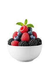 Obraz premium transparent ceramic bowl with mounded vibrant fresh mixed berries (raspberries, blueberries, blackberries) & mint on clean transparent, shallow depth of field, pristine commercial product