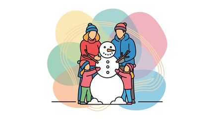 Fototapeta premium Family building snowman winter fun outdoor activity