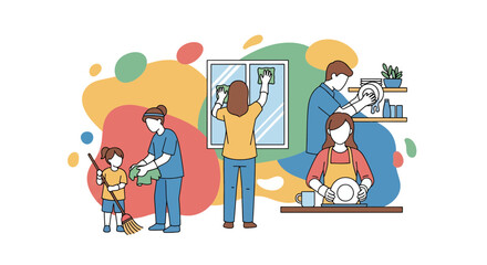Family Cleaning Home Together, Domestic Chores, Happy Household
