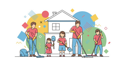 Fototapeta premium Family cleaning house together, chores, teamwork, home