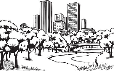 City landscape. Line urban backdrop. Different buildings on street, doodle street draw, outline cityscape hand sketch, flat houses. Hand drawn vector illustration