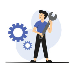 Technical Support Illustration – Cartoon Character with Wrench and Gears