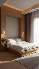 Modern home interior with bedroom, living room, kitchen, and corridor. cozy sofa, bed, chairs, table, sideboard, mirrors, and flowers. Unique color scheme of white, grey, black, purple, blue, green.