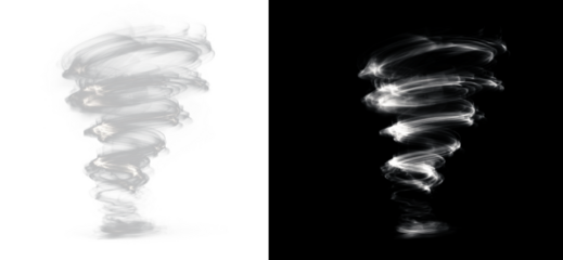 Abstract png tornado with dynamic rotation, glowing spiral strokes, transparent background, wave energy, and bright light particles in motion