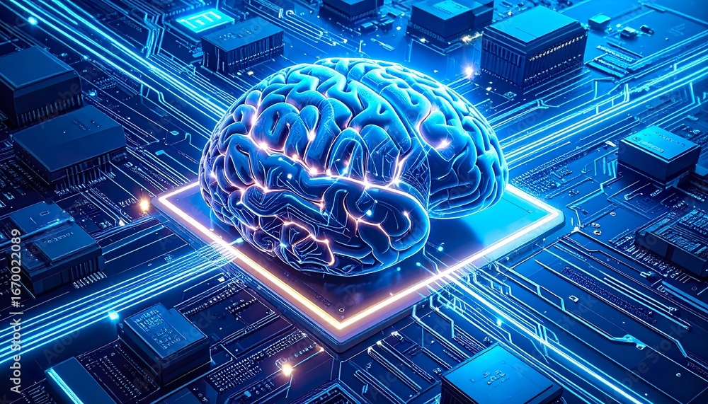Poster innovative digital representation of a brain surrounded by circuits and technology showcasing artifi