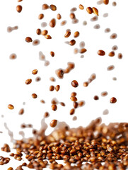 Mustard seeds scattering and falling from above on white background