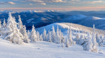 Snow covered conifer trees standing on mountain ridge in Tatra Mountains, Poland, Europe, scenic winter landscape with frosty forest, cold nature, snowy peaks, serene wilderness and outdoor adventure