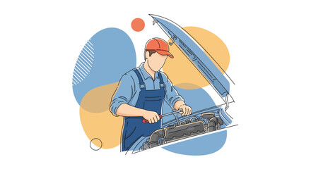 Mechanic repairing car engine with wrench