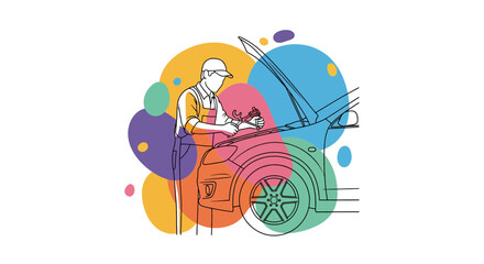 Mechanic repairing car engine with wrench outline style