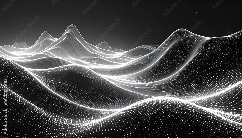 Aufkleber abstract waveform landscape of luminous data points on a dark horizon, sparkling data field visualiz