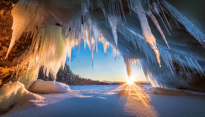 glowing icicles inside a frozen cave illuminated by warm sunlight breaking through crystalline ice formations in a majestic winter grotto of natural frozen sculptures