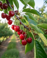 Obraz premium Juicy red cherries hanging from a slender tree branch glossy skin reflecting sunlight in a lush orchard nature's bounty displayed in a vibrant environment