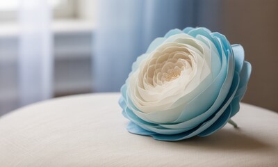 Soft, layered flower in pale blue and cream, resting on a light-beige surface,  blurred background of light blue sheer