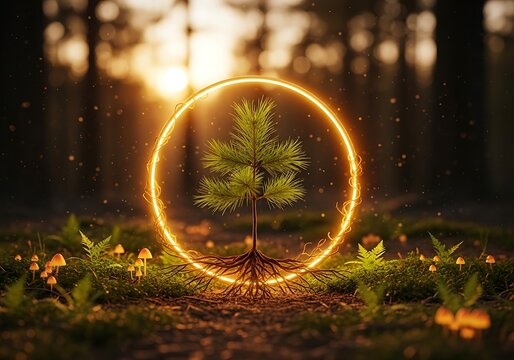 Magical tree in glowing circle in forest