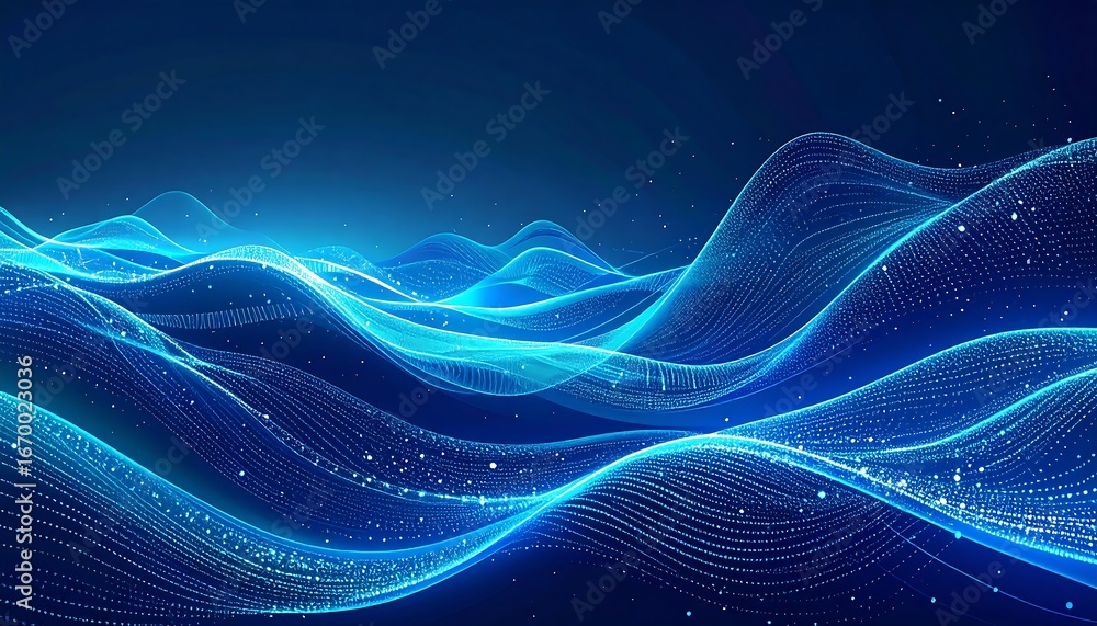 Poster abstract blue data waves with dotted lines and light effects, digital waves of light and particles o