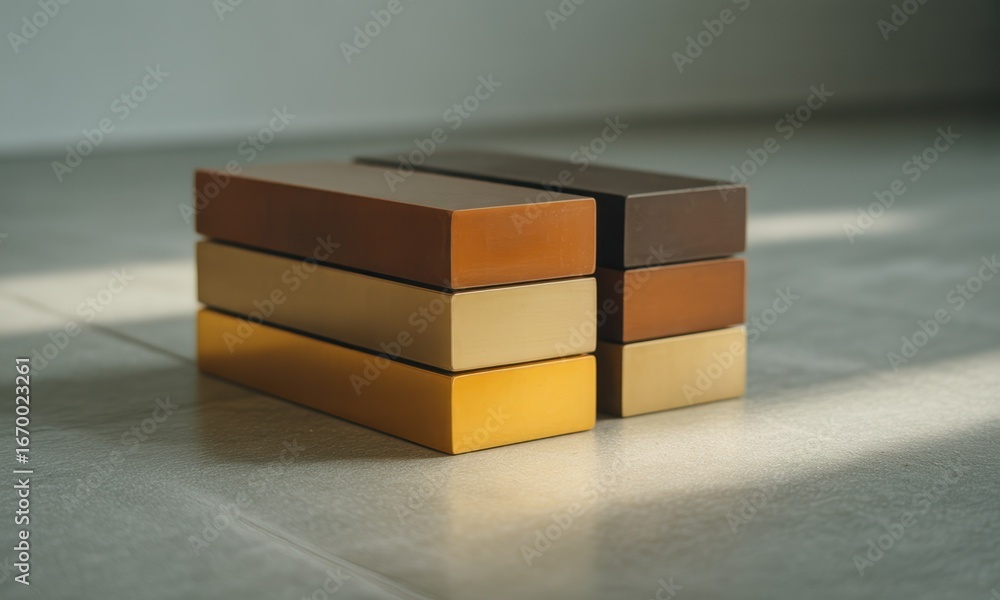 Poster stacked rectangular blocks of varying shades of earth tones, resting on a light gray tiled floor. a 