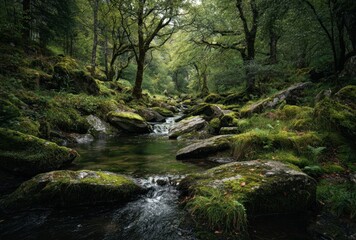 Obraz premium Serene forest scene with flowing stream surrounded by lush green moss and tall trees