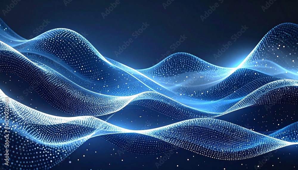 Poster serene blue digital waves flow with sparkling dots, abstract background with gentle curves and lumin