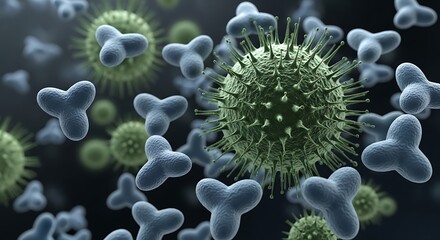 High-resolution microscopic view of viruses and antibodies, showcasing detailed structures and contrasting colors.