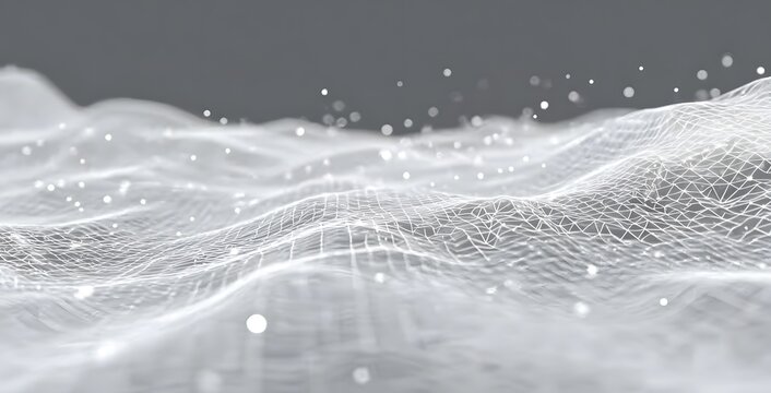 White mesh lines on a white background, a 3D rendering of a digital technology network with a polygonal grid and dots in a perspective view, 