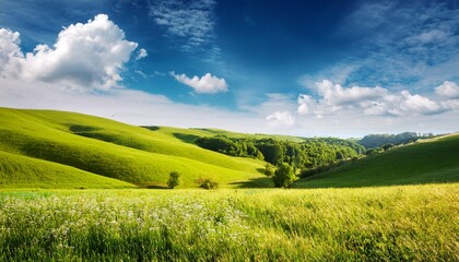 Obraz premium abstract summer hilly landscape with meadows plants blue sky and clouds