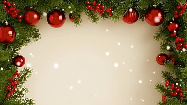 Festive Christmas Border Red Ornaments and Pine Branches