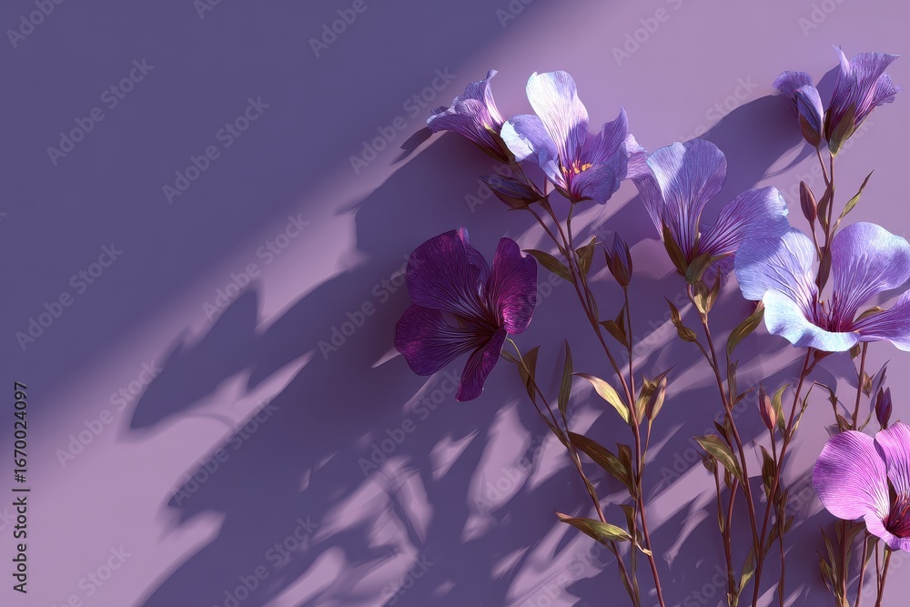 Poster purple flax flowers on a matching purple background, with soft lighting. use as a background for a c