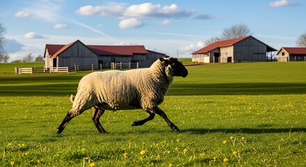Obraz premium Ram Running in Green Pasture on a Farm.