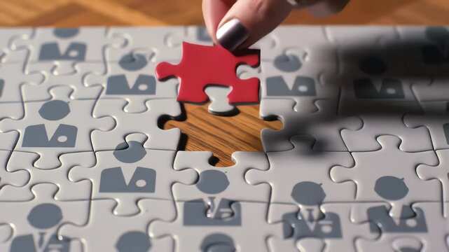 Woman's Hand Placing the Final Piece in a Business Team Puzzle