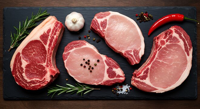 Raw pork chops and ribeye steak with rosemary garlic chili and peppercorns raw meat beef - Powered by Adobe