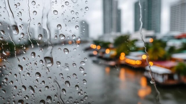 Raindrops on window with river view in Thailands cityscape Bokeh lights  buildings.