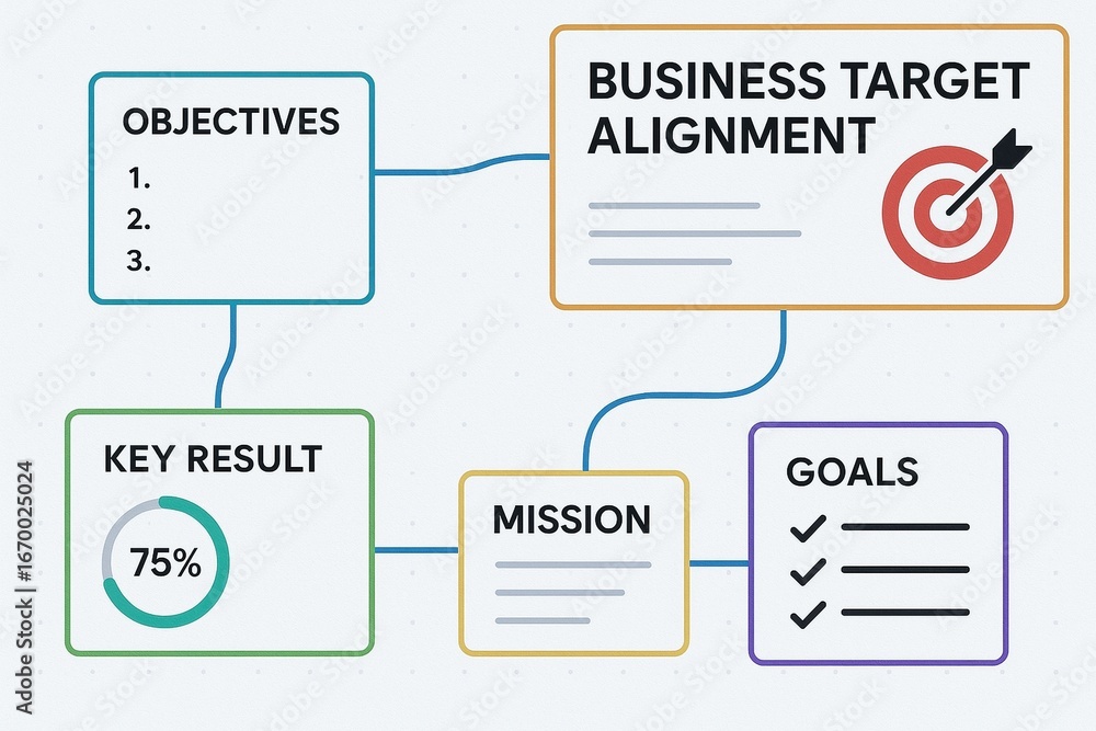 Aufkleber business target alignment concept with objectives key result mission and goals in simple flowchart f