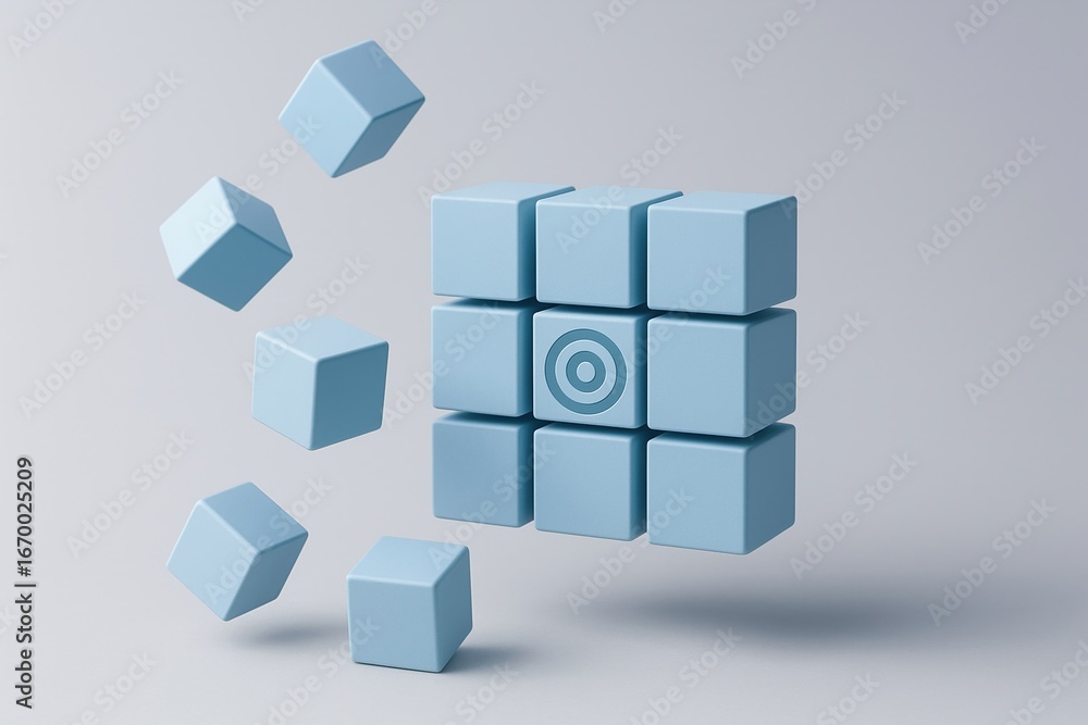 Aufkleber business target alignment concept with blue cubes and target symbol in center cube representing stra