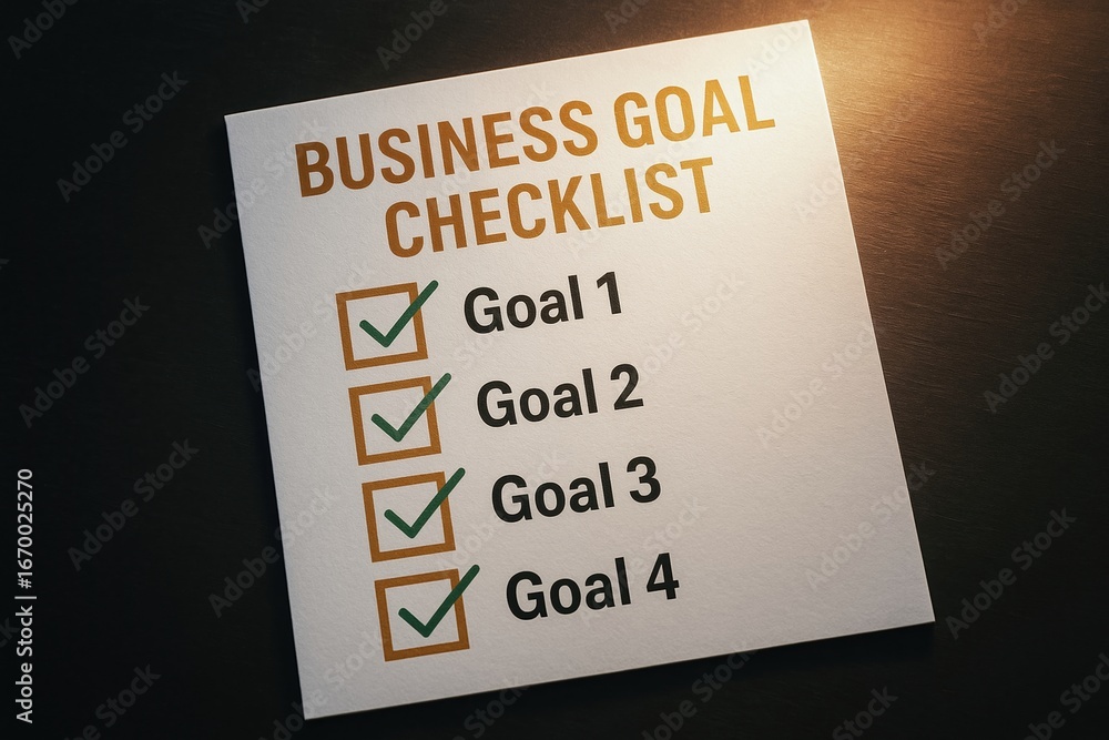Poster business goal checklist with four checked goals on paper representing target alignment for business 