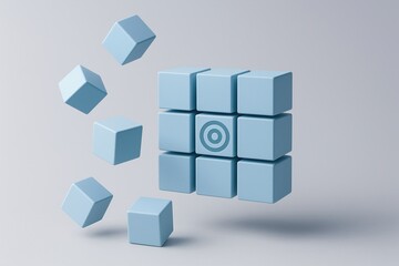 Obraz premium Business target alignment concept with blue cubes and target symbol in center cube representing strategic focus and goal achievement