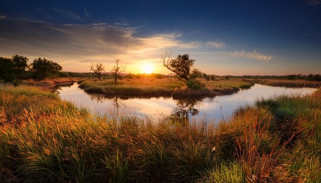 serene marshland river at sunset