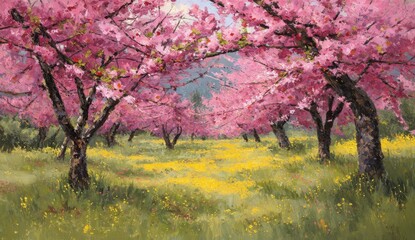 Fototapeta premium Serene orchard with blooming pink cherry blossom trees and lush green grass under bright daylight
