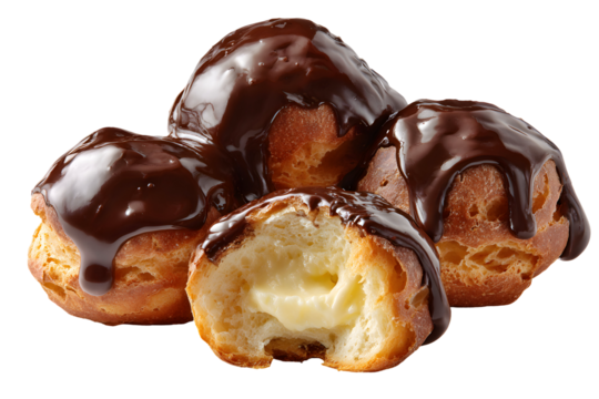 A cluster of chocolate-glazed profiteroles. One is broken open to reveal the rich, creamy custard filling inside the light choux pastry. A tempting bite.