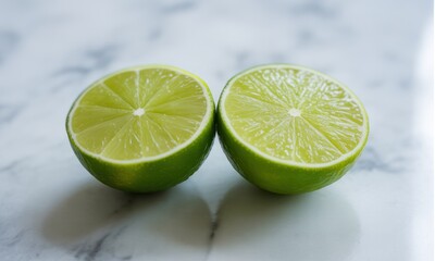 Two halved limes on a marble surface.  Bright green halves,  showing juicy interior