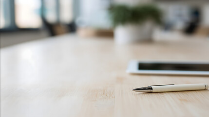 Fototapeta premium Sleek modern pen on light bamboo desk in creative studio workspace with natural daylight and design tablet. Minimalist creative environment for inspiring and focused design work.